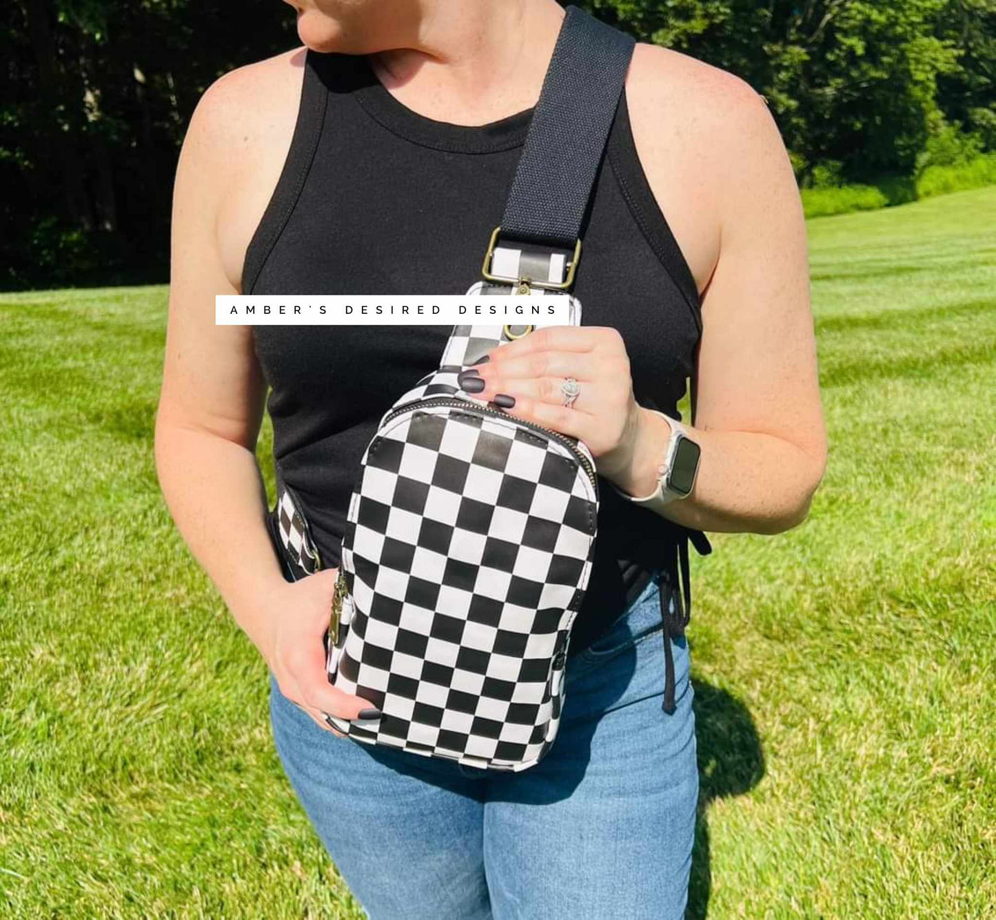 Checkered Crossbody Sling Bag with Adjustable Strap